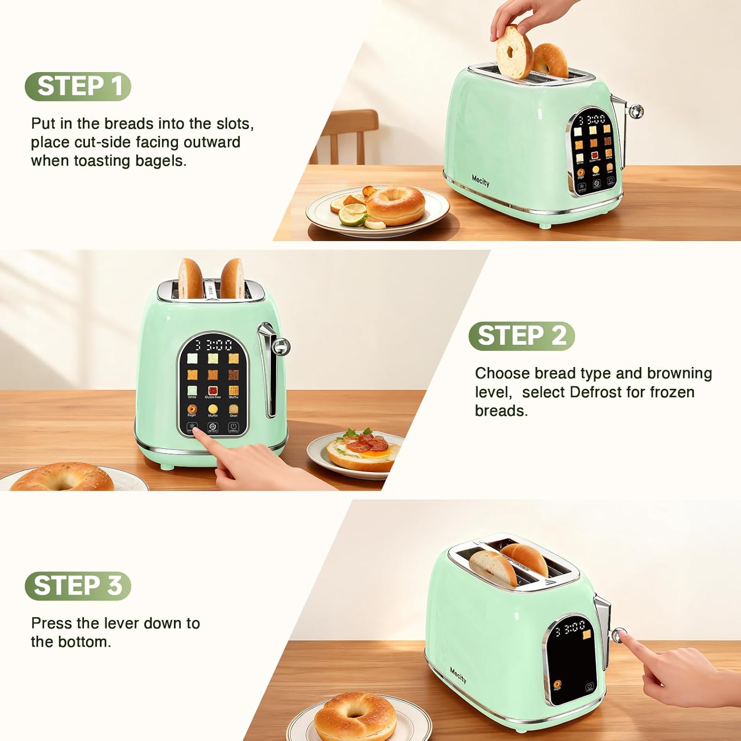Mecity Toaster 2 Slice, Touch Screen Wide Slot Retro Toaster For Breads Bagel Muffin Waffle, House Warming Gift New Home, 120V 825W, Light Green