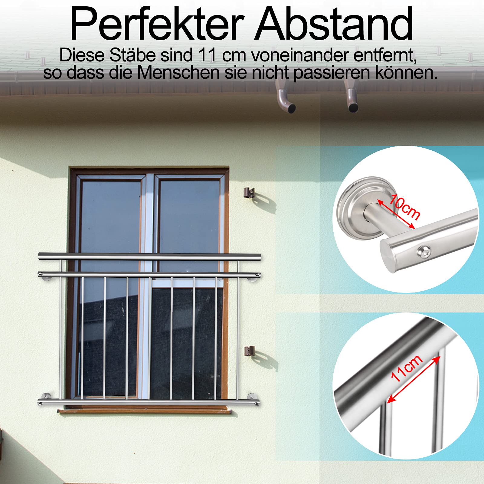 Aufun Balcone francese, 184 x 90 cm, ringhiera in acciaio inox, ringhiera con 14 barre di riempimento, ringhiera per balcone, ringhiera per finestre esterne