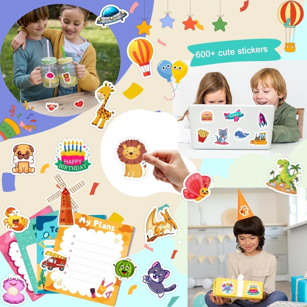 24 Sheets Stickers for Kids & Toddlers, Cute Kids Stickers Variety Pack for Scrapbooking, Teachers Classroom Prizes, Goodie Bag Stuffers Including Animals, Cars, Dinosaurs, Fishes, Hearts and More