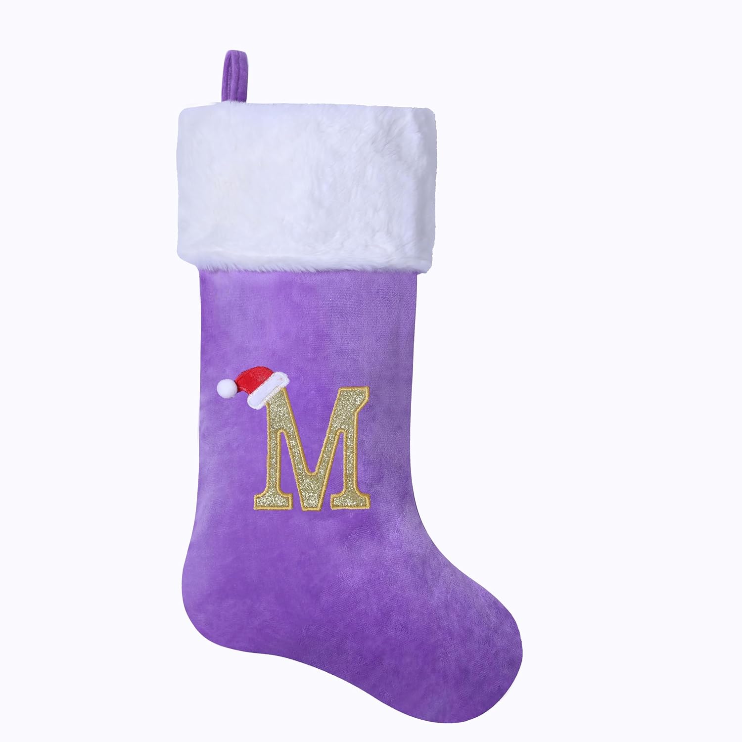 20-Inch Christmas Stocking with Embroidered Letter, Thick and Luxurious Purple Velvet with Super Soft Plush Cuff Personalized Festival Decoration for Xmas and New Year Party (Letter M)