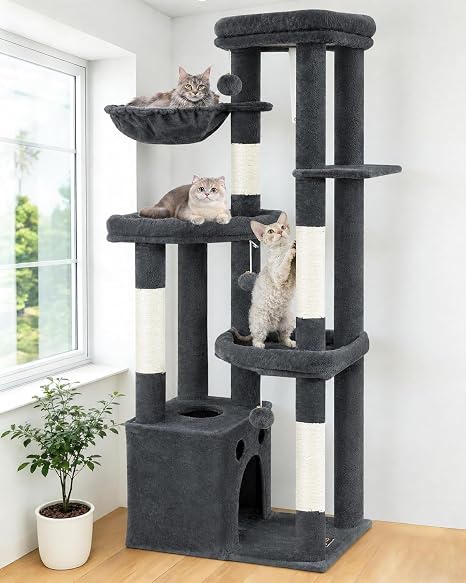 Multi-Level Cat Tree Tower for Indoor Cats, 67 inch Tall XL Heavy Duty Climbing Tower with 3 Large Platform, Scratching Post, Hammock, Kitty Condo for Multiple Cats, Extra Large Cat Trees, Dark Grey
