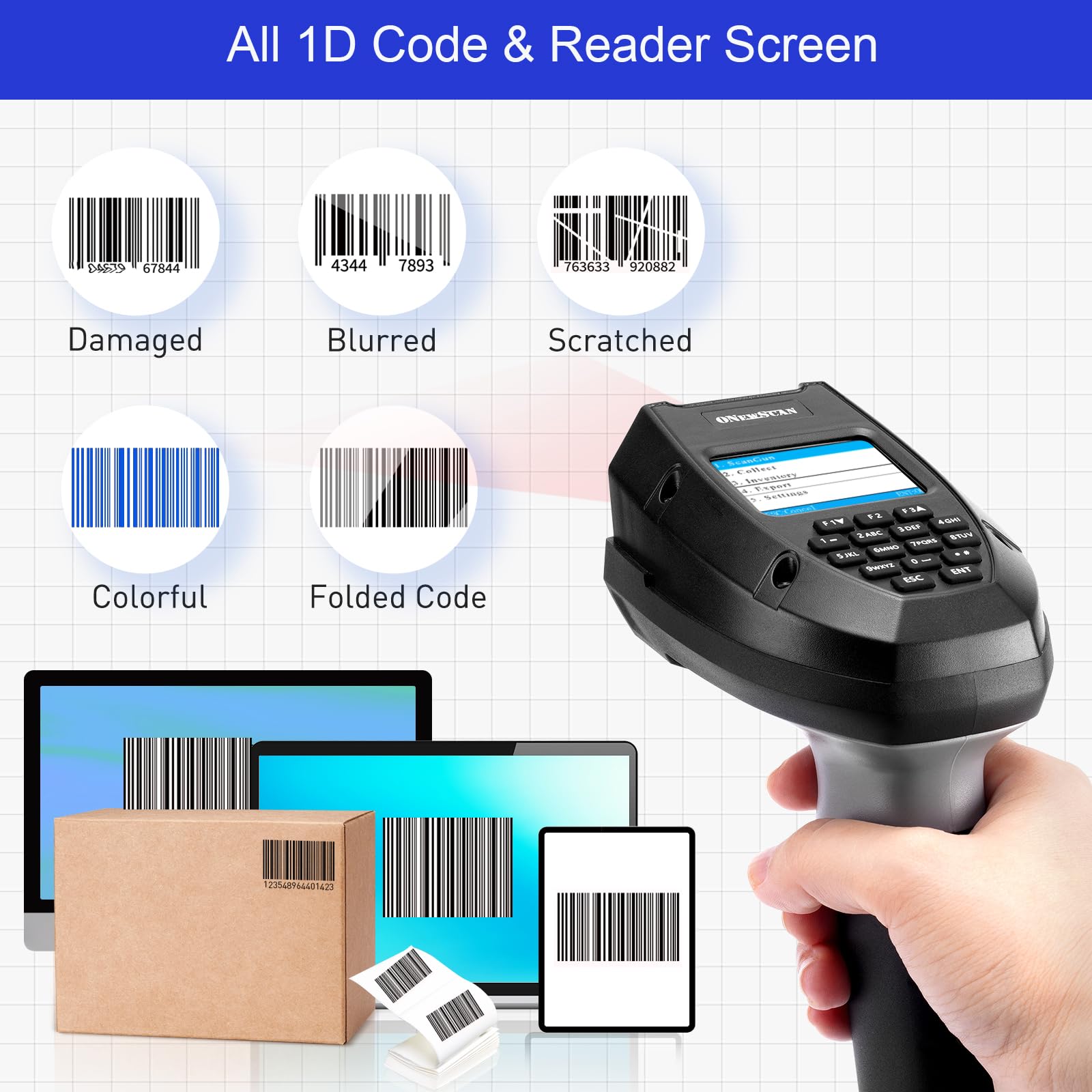 scanner wireless per codici a barre con base di ricarica CCD 1D, schermo di lettura dati 2,4 G, wireless e USB, con schermo LCD da 2,2"