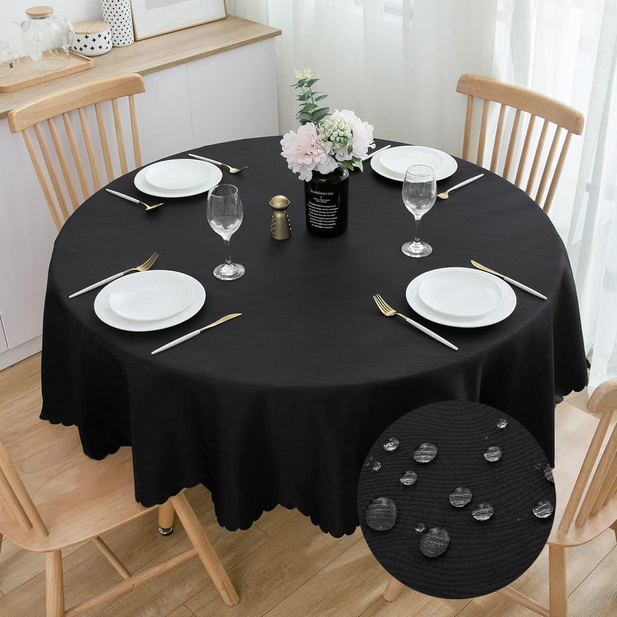 Nappe ronde en jacquard noir 200 cm imperméable pour table de salle à manger