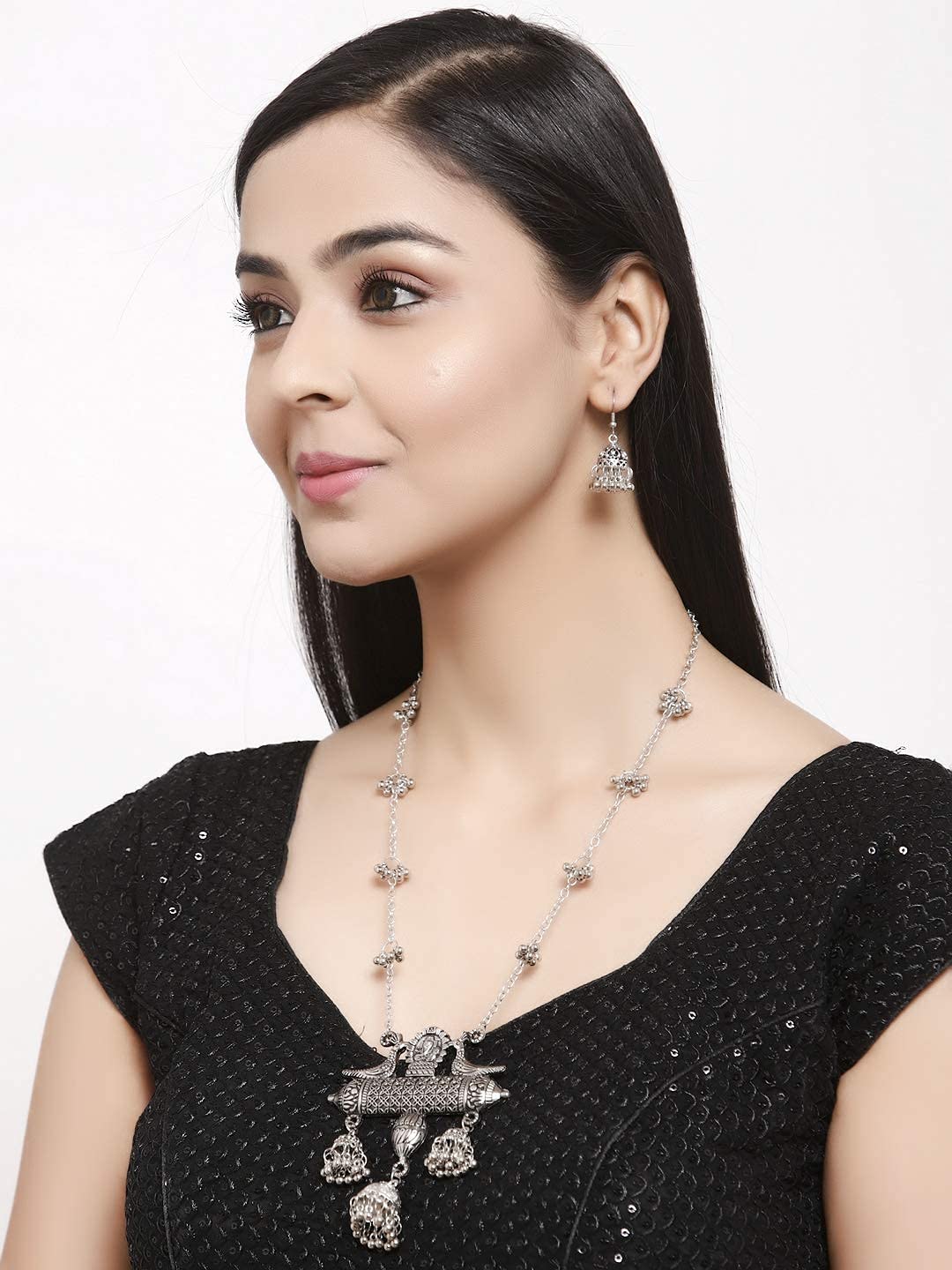 Oxidised Long Chain Pendant Earrings Set