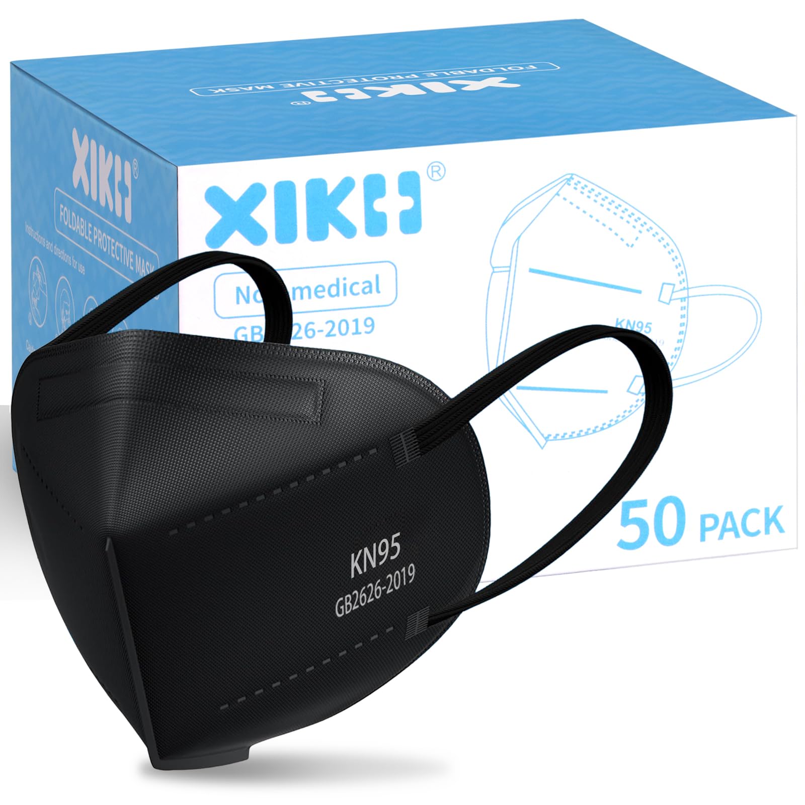 XIKII 50PCS KN95 Face Masks for Adults Black 5 Layer Cup Dust Safety Masks Mascarillas Filter Efficiency≥95% Breathable Elastic Ear Loops & Adjust Nose Clip Kn95 Face Mask for Travel Healthcare