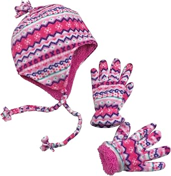 NIce Caps Girls Hat Gloves Set Kids Fleece Winter Warm Sherpa Lined