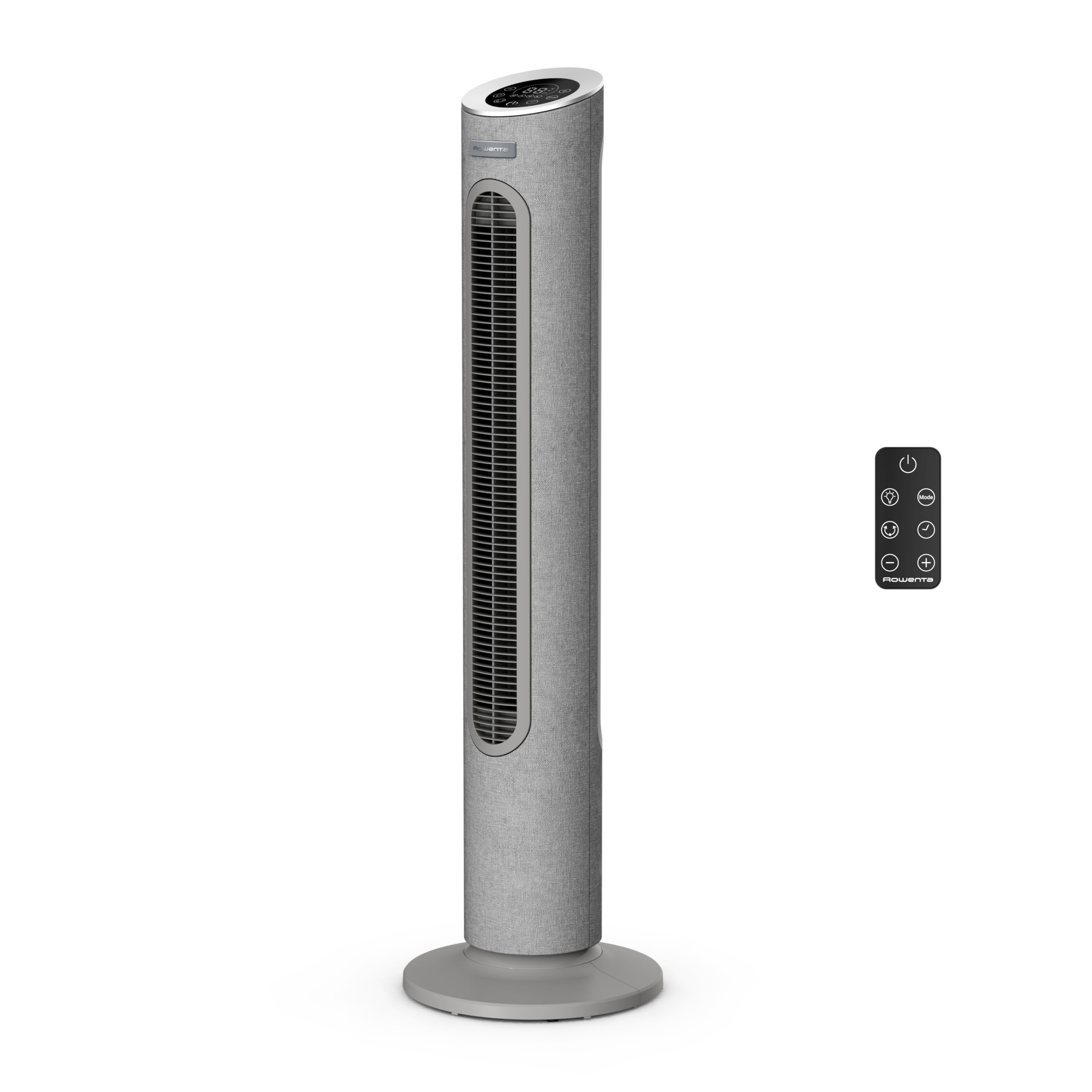 Ön view of the Rowenta Eole Home VU6980F0 tower fan, grey color with a digital display on top and a vertical grille.