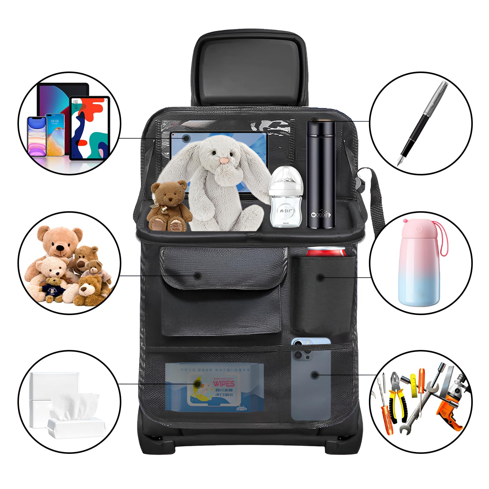 Vaskula Organisateur Voiture Noir Rangement Siege Voiture avec Table Rabattable Nombreuses Poches Protection Siege Voitures Multifonction Étanche pour Enfants Longs Trajets en Voitures