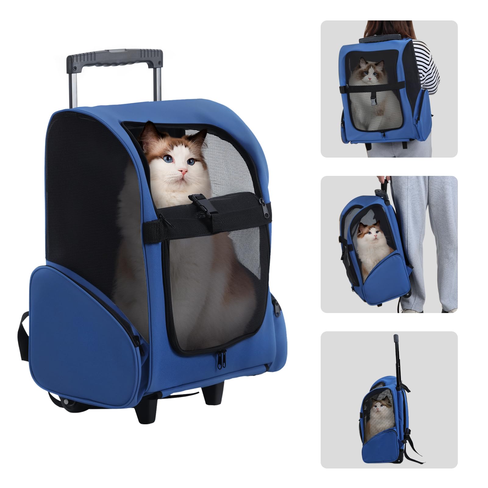 Sac à Dos à roulettes pour Chiens/Chats Supporte 15 kg, Sac à Dos de Transport pour Chien/Chat avec poignée télescopique, Trolley pour Petit et Moyen Chats et Chiens (Bleu Royal)