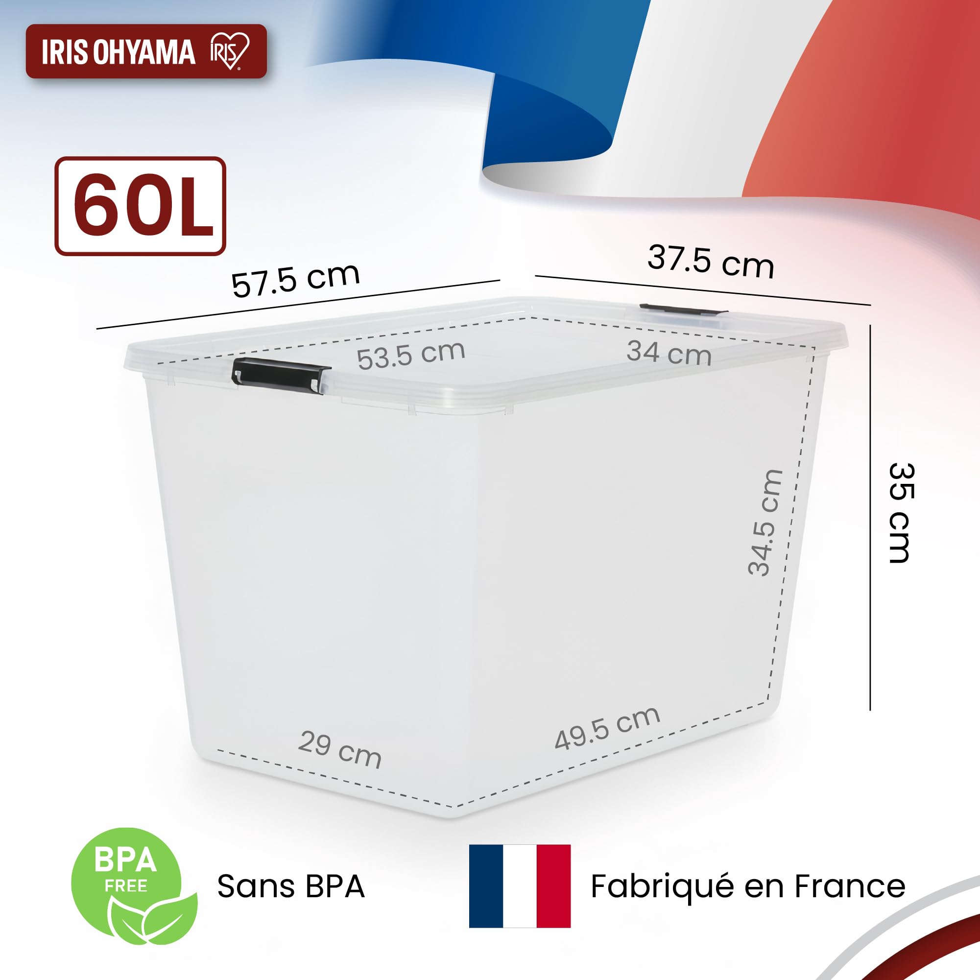 Iris Ohyama, Boite Rangement Plastique avec Couvercle, 60L, Lot de 4, Transparent, Clips de Fermeture, Poignée,Empilable, Organisation Solide et Durable, pour Chambre, Dressing, Bureau, FTB-60