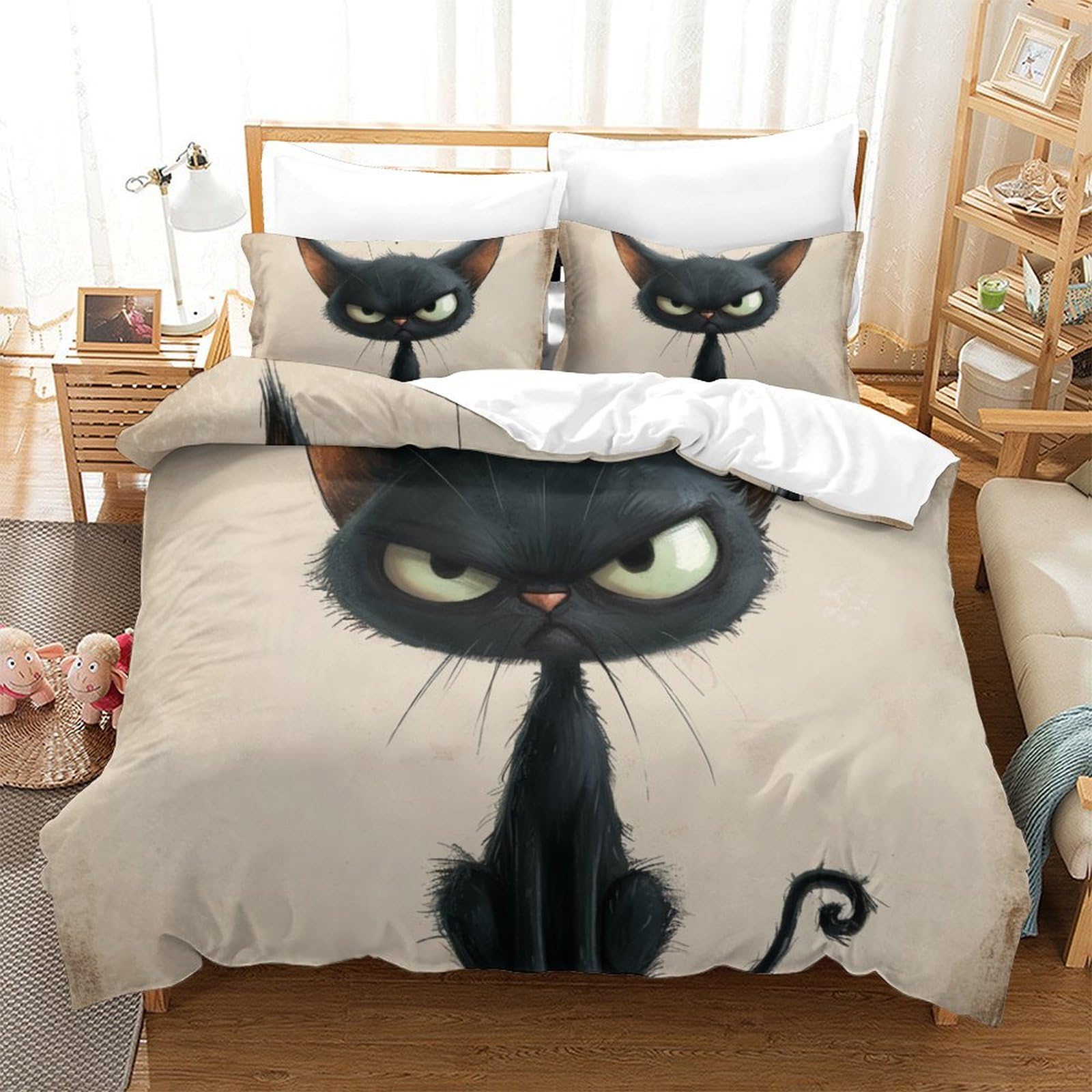 Housse de couette chat persan 3D parure lit microfibre hypoallergénique zippée 260x220