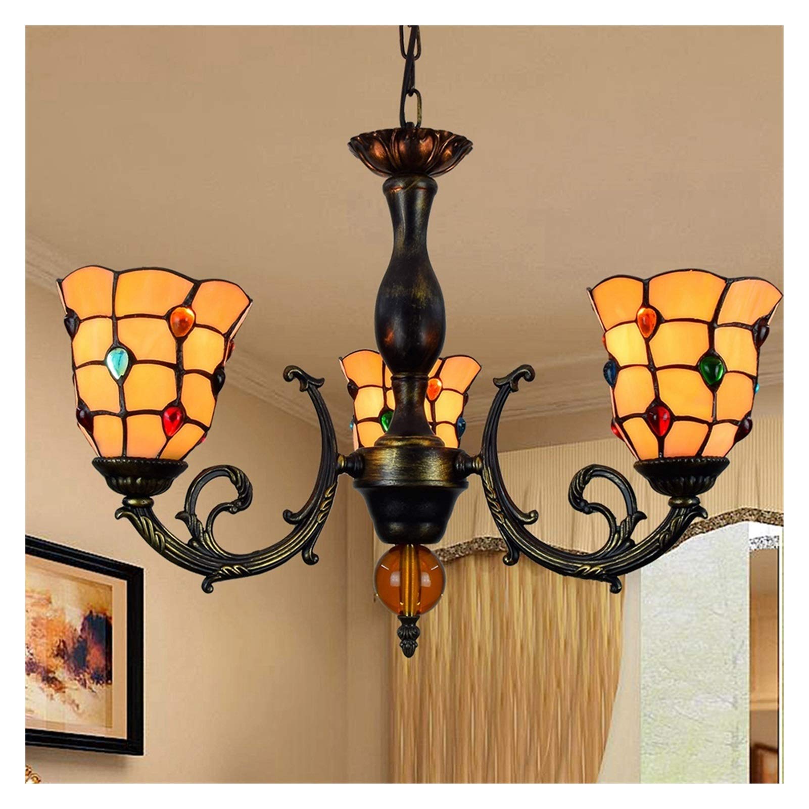 Żyrandol Tiffany 6-calowy stylowy klosz Witraż Wisiorek ze szkła Lampa wisząca z 3 ramionami Kolorowa lampa wisząca Odwrócona lampa wisząca sufitowa
