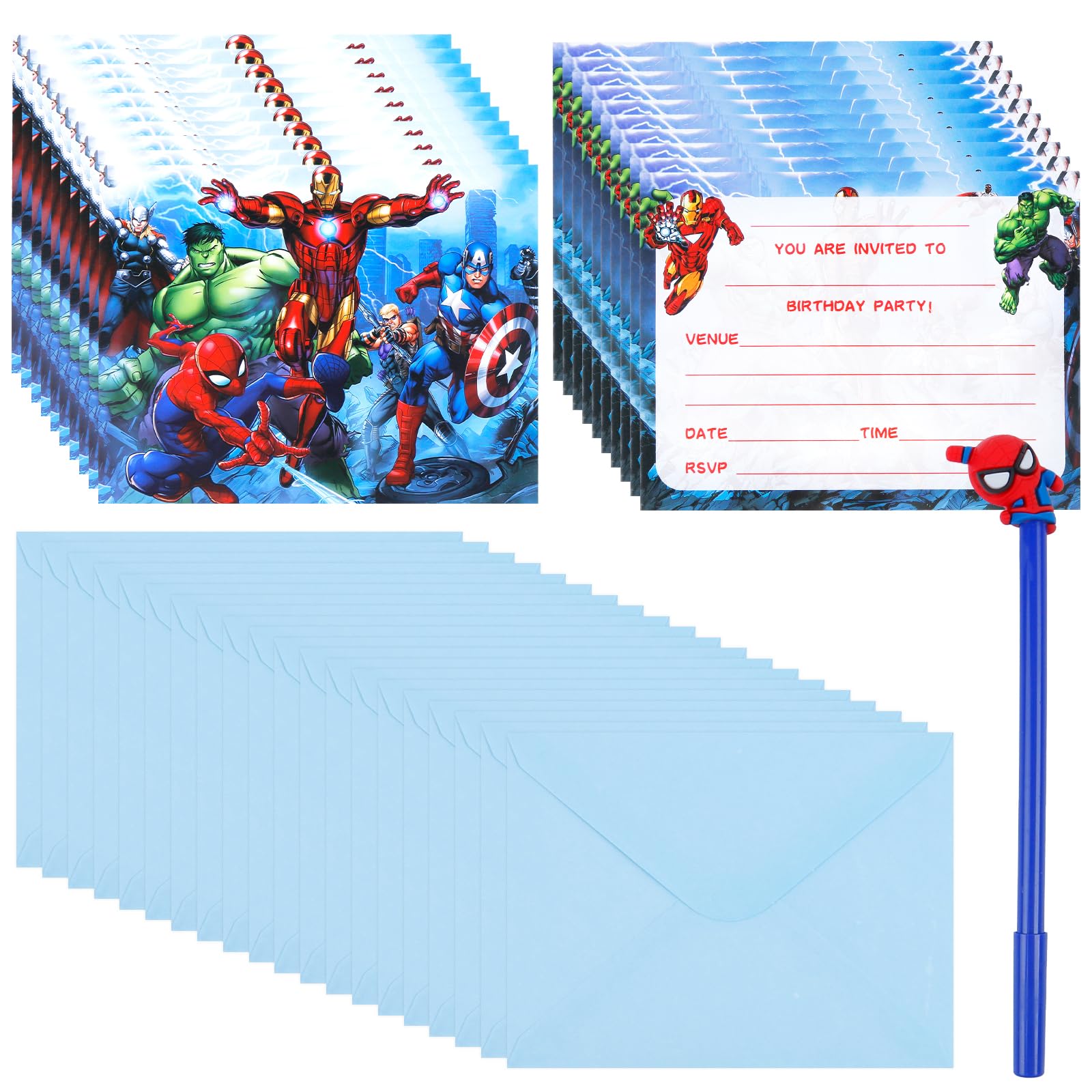 20PCS Ave-ge Party Invitations Kids+ 1Pcs Kawaii Gel Pen, Cartoon Birthday Invitations,Kids Party Invites with 20 Envelopes,Invite Cards Birthday Supplies Double Sided Invites Cards for Boys Girls