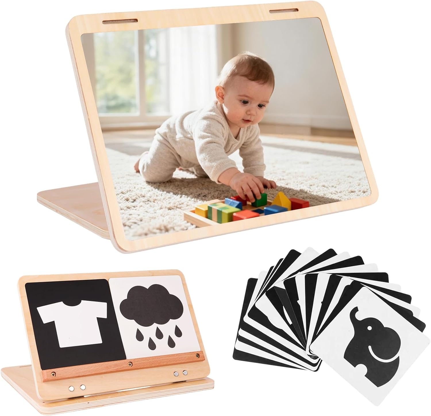 Tummy Time Mirror Large Baby Mirror Toy and Card Display Stand with Black and White High Contrast Baby Cards Double-Sided Design Adjustable Angle Montessori Mirror