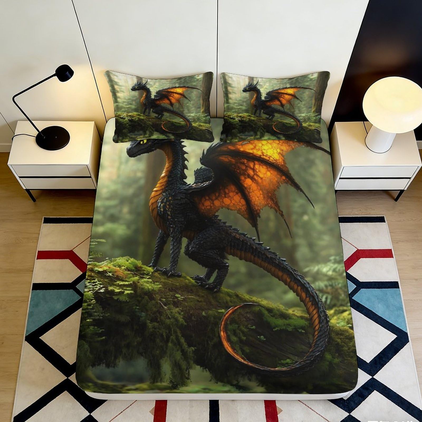 3D Printed Fiery Dragon Forest Fitted Sheet Microfiber Soft Anti-Slip Bed Cover for Bedroom Dorm Mattress Decor 200x200x25cm