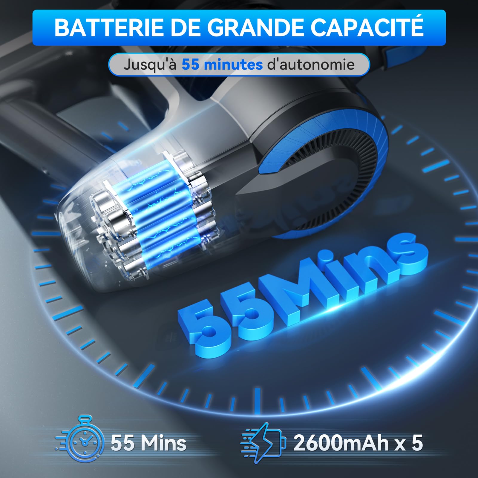 Aspirateur Balai sans Fil, 28kPa Aspirateur sans Fil, 6 en 1 Aspirateur Puissant Aspirateur sans Fil Puissant 55 Minutes d'Autonomie, Brosse LED, Aspirateur Balai pour Tapis Sols Poils d'animaux