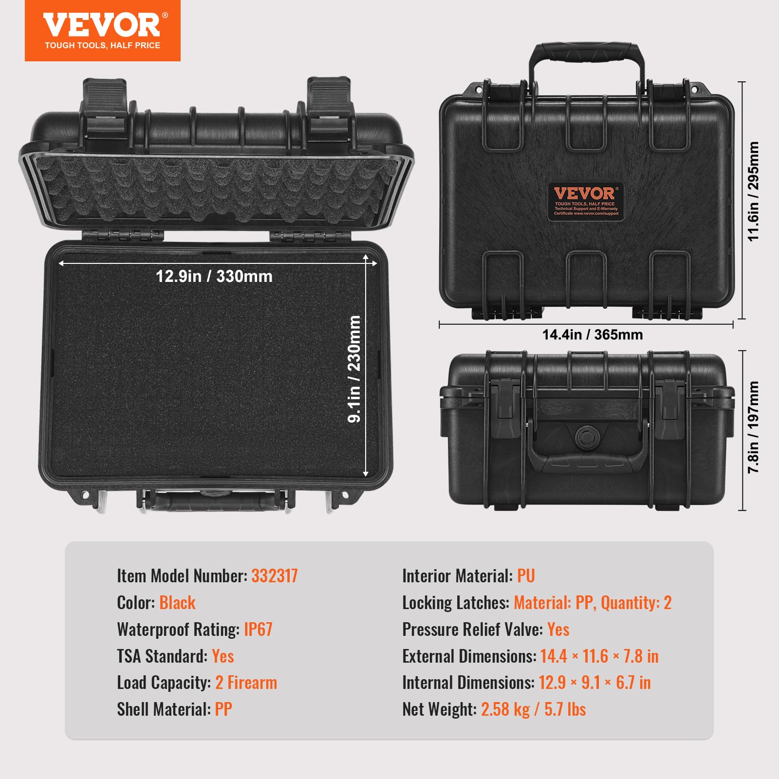 VEVOR Estuche rígido para Pistola con Espuma de PU Precortada para 2 Pistolas Resistente al Agua y Polvo, 365 x 295 x 197mm, Estuche para Pistola con Cerradura se Puede Llevar en Tren, Avión, Negro