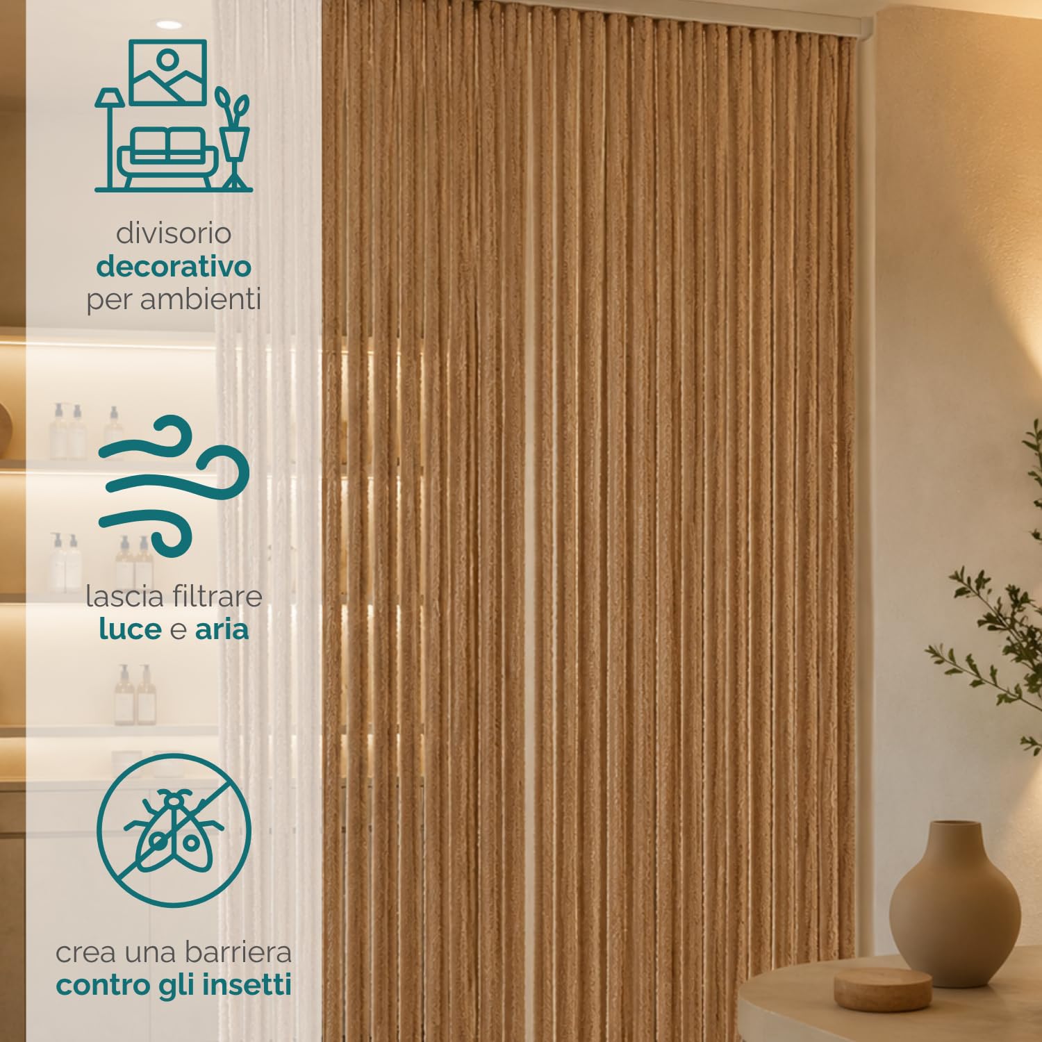 PALUPLUS Tenda a Corda Effetto Peluche Antimosche, misura 90x220 cm, tenda per porte e finestre, moschiera a pannello, 36 catenelle a caduta, zanzariera per insetti -8805F -1,2 (Beige)