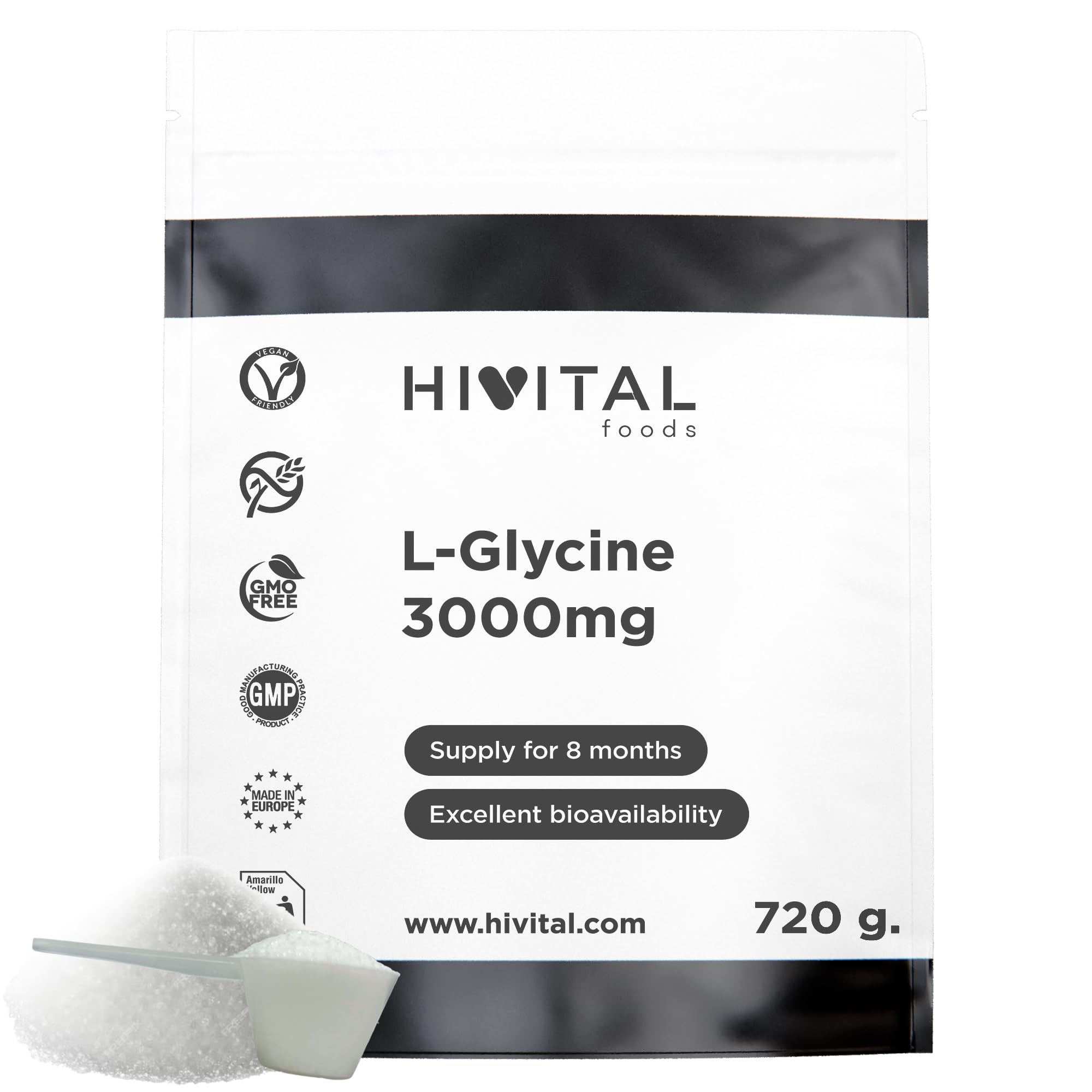 Glicina 3000 mg por dosis. 720 g. por pack para 8 meses de tratamiento. Aminoácido L-​Glicina pura, 100% vegana. Fabricado en España por HIVITAL