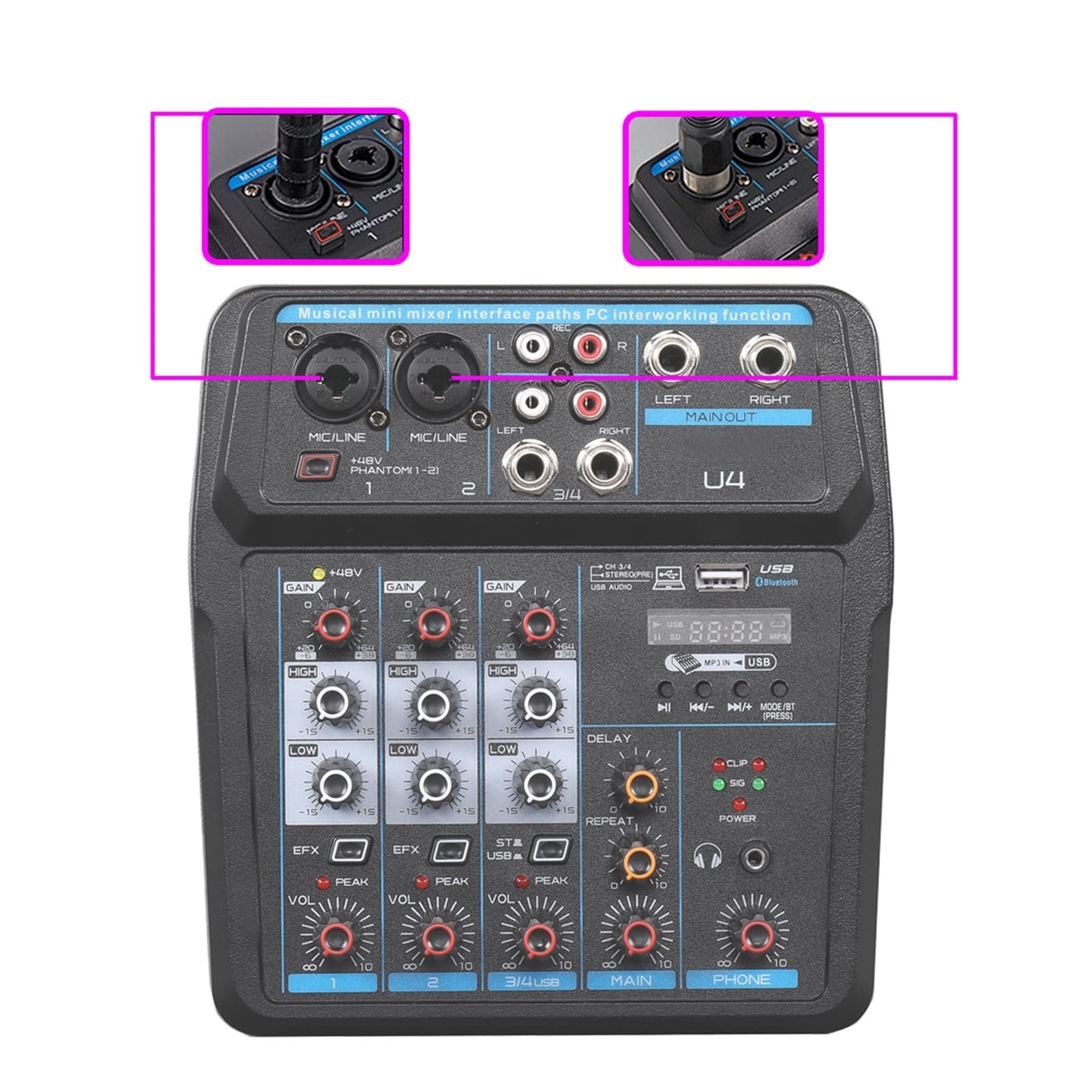Attrezzatura per DJ per Feste Canale della Serie 4/6 DJ Mixer Multifunzionale Mixer Audio Mixer di Registrazione for Computer(U4black)