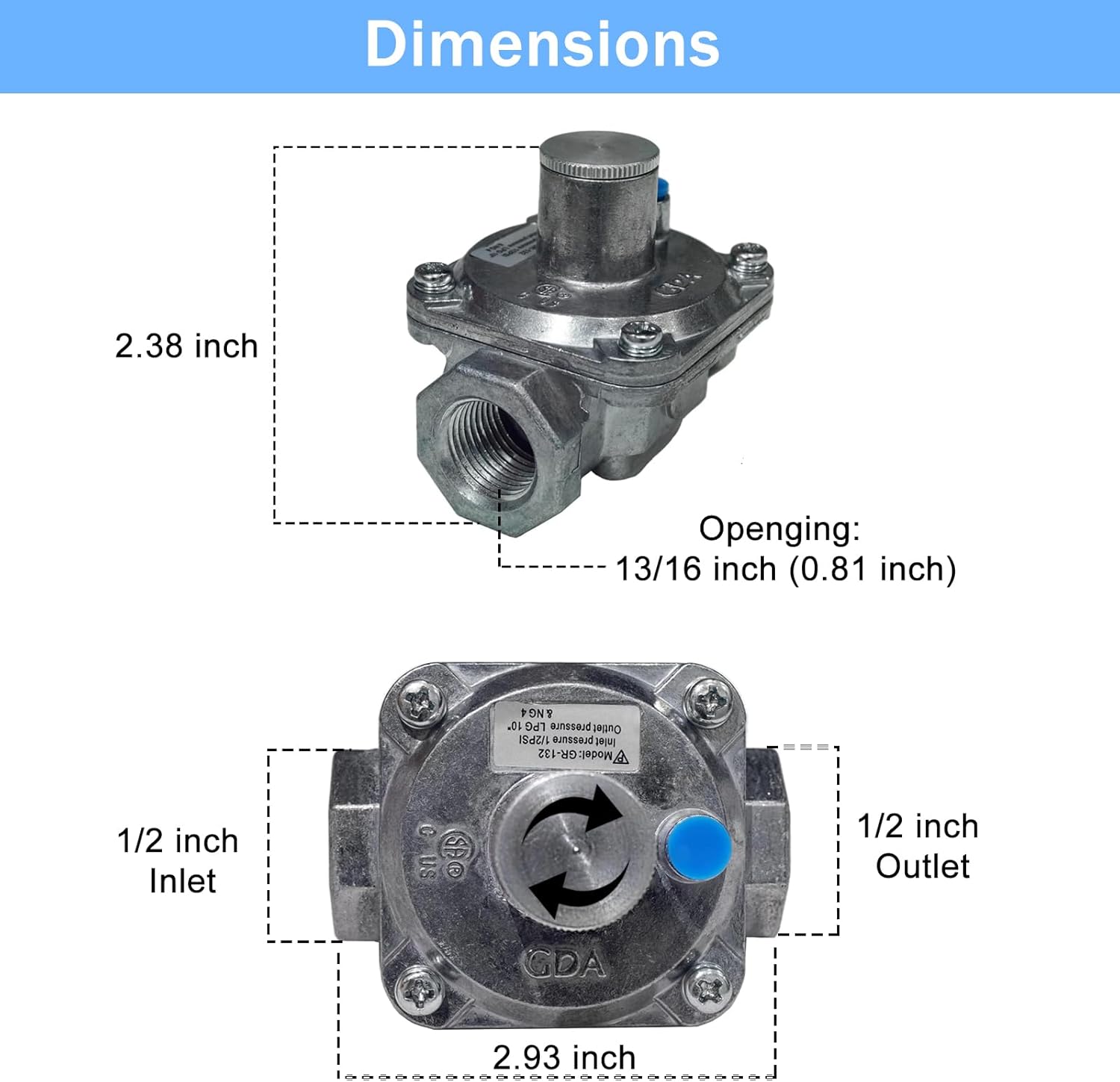 1/2" Natural Gas Pressure Regulator with 2 Brass Adapters (1/2" to 3/8" Male Thread), NG/LPG Convertible, 1/2" PSI Inlet, 4-10" WC Outlet, Low-Pressure, Ideal for Grill, Heater, Oven, Stove, Cooktops
