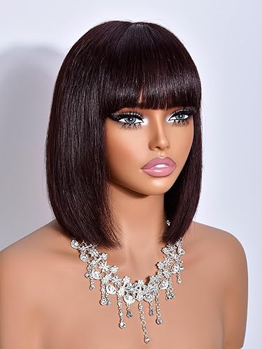 Bob Wig Human Hair with Bangs 210% Density Dark Brown