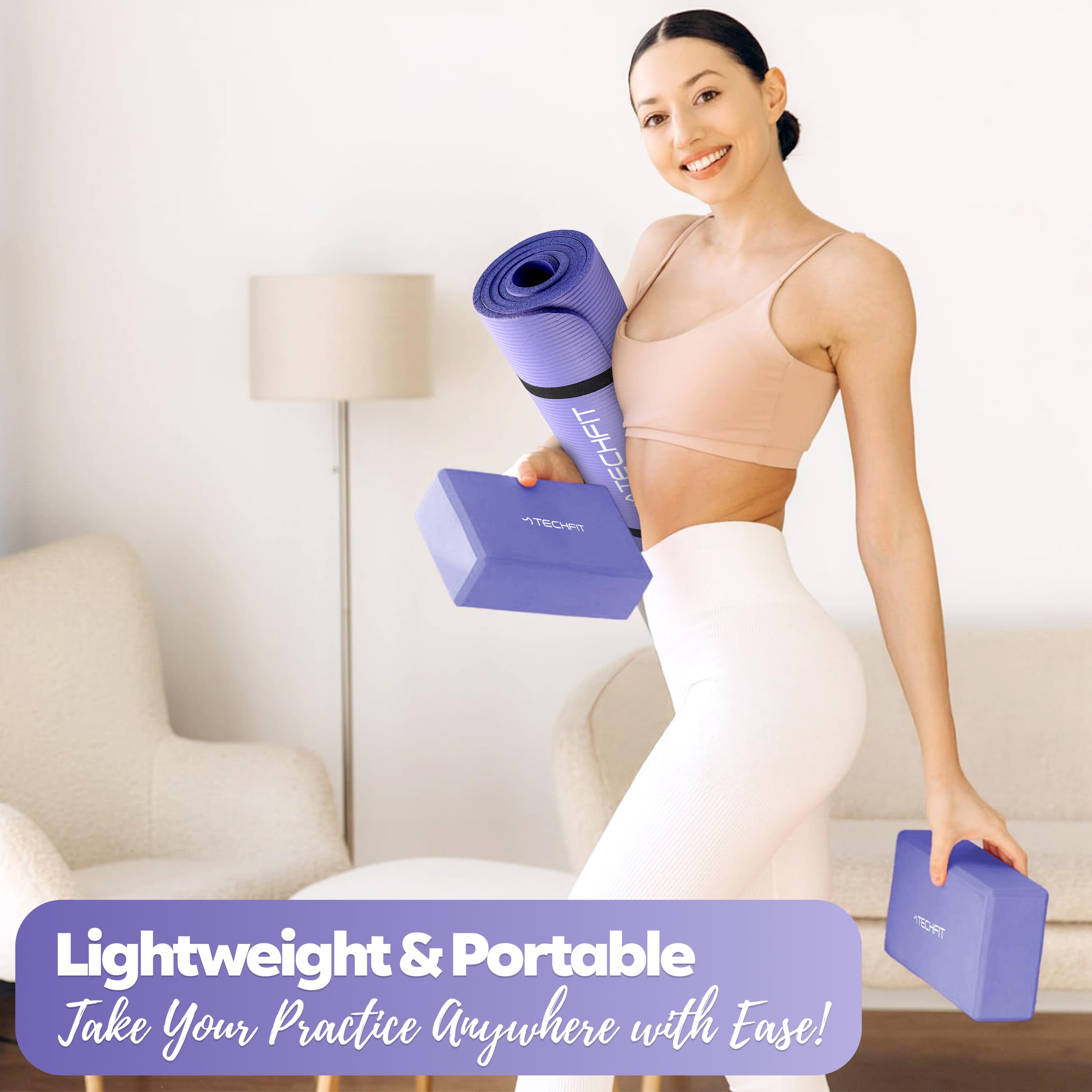 TechFit Set Blocchi Yoga, Tappetino 180x60x1 cm, Spesso Antiscivolo EVA Alta Densità 2 Mattoncini 22,5x15x7,6cm Pilates Stretching Cinghia Trasporto Ecologico