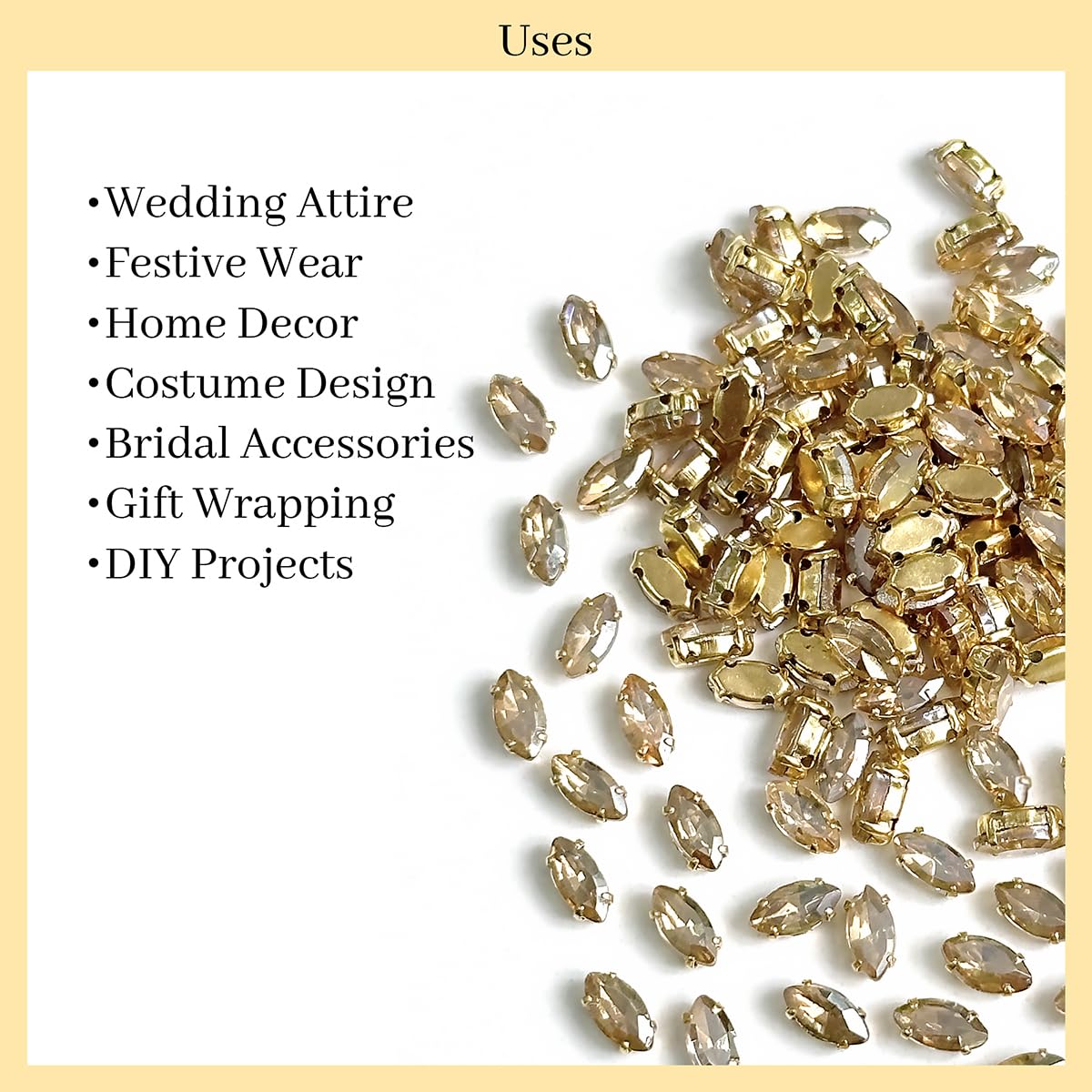 EmbroideryMaterial Sew on Crystal Glass Stones/Rhinestone for Craft, Embroidery, Jewellery Making, Dresses, Embellishments, Bracelet Making (3 * 6MM, Boat Shape, Light Gold, 144 Pieces) 3