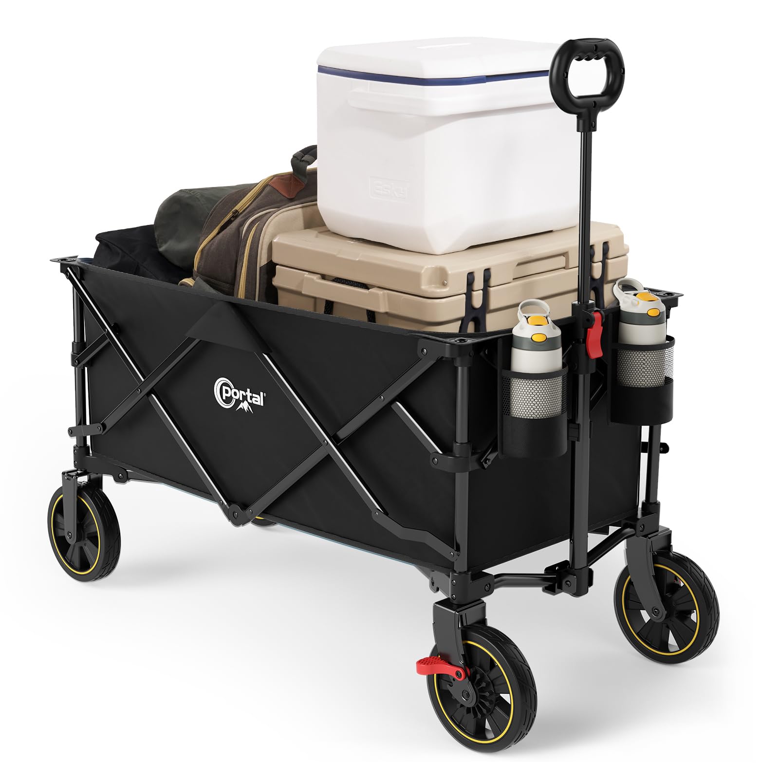 Portal Bollerwagen faltbar XXL Große Ladefläche 120kg belastbar Handwagen mit Getränkehalter Seitentasche Transportwagen Leiterwagen klappbar Strandwagen Faltwagen für Garten Camping Festival