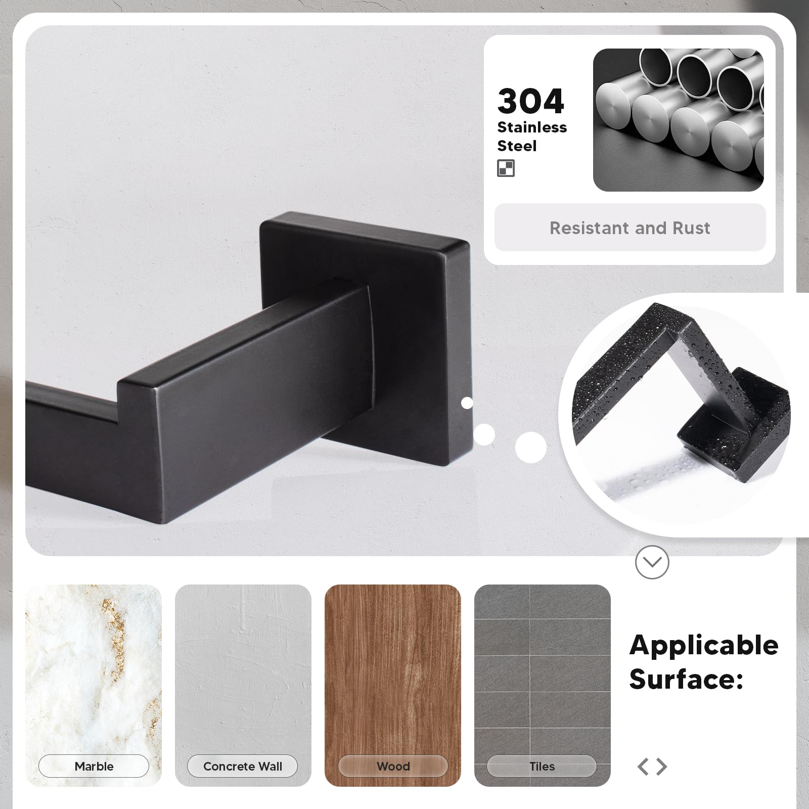 Porte Serviette Set de 5 Pièces Ensemble de Porte-Serviettes Bain en Acier Inoxydable Perçage Porte Serviette Papier Toilette et Crochet Murale Mat Accessoire Salle de Bain Set(Noir)