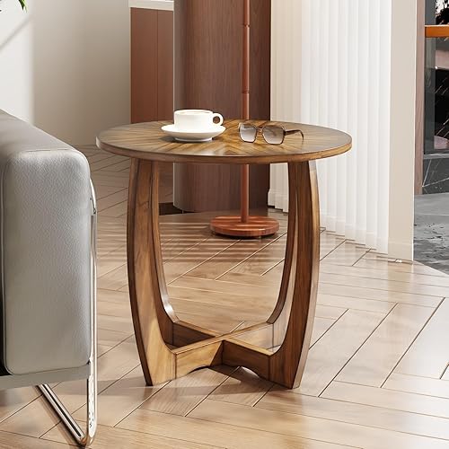 Mesa auxiliar redonda de madera maciza con parte superior entretejida, mesa auxiliar de sofá de granja, junto a la mesa de esquina, mesa de teléfono