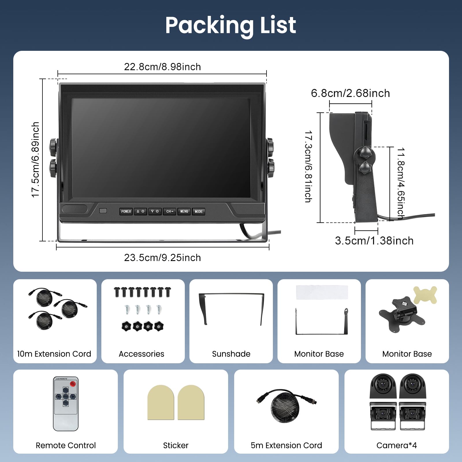 Hodozzy 4 Cámara de Visión Trasera para 9 Pulgadas Monitor Pantalla 4-Dividido, Cámara Marcha Atrás de Grabación En Bucle Visión Nocturna Impermeable con Cable para Camiones/Remolque (12V-36V)