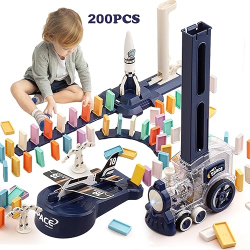 Miniatura 8 de B-Qtech Juego de 200 piezas de tren de dominó estilo espacial para niños con lanzacohetes de avión, juego de bloques de dominó de tren eléctrico,