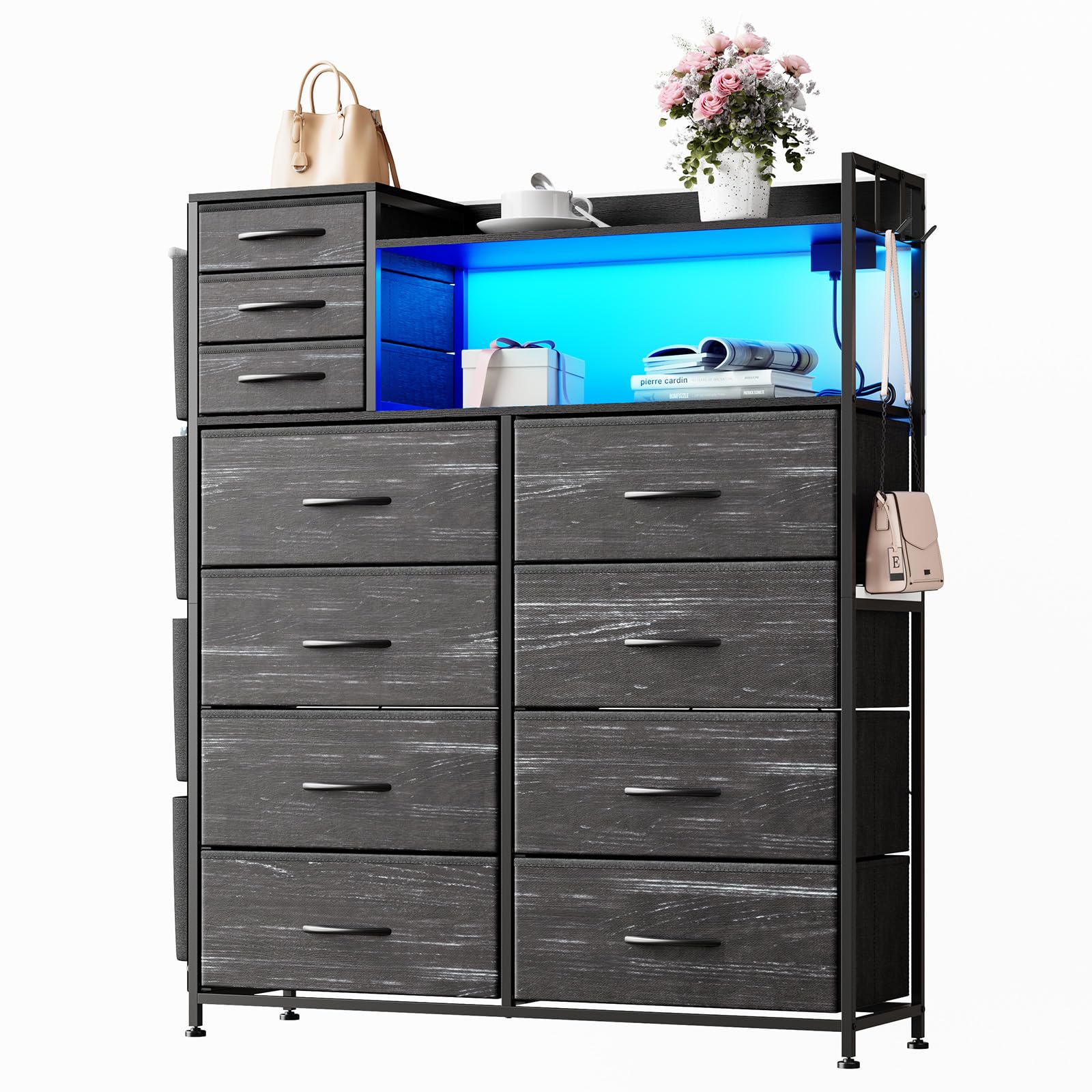 Patikuin Dresser with Fabric Drawers with 8+3 Drawers for Storage Clothes,4 Side Pockets,Charging Station & LED Lights,Hooks,Shelves,Sturdy Metal