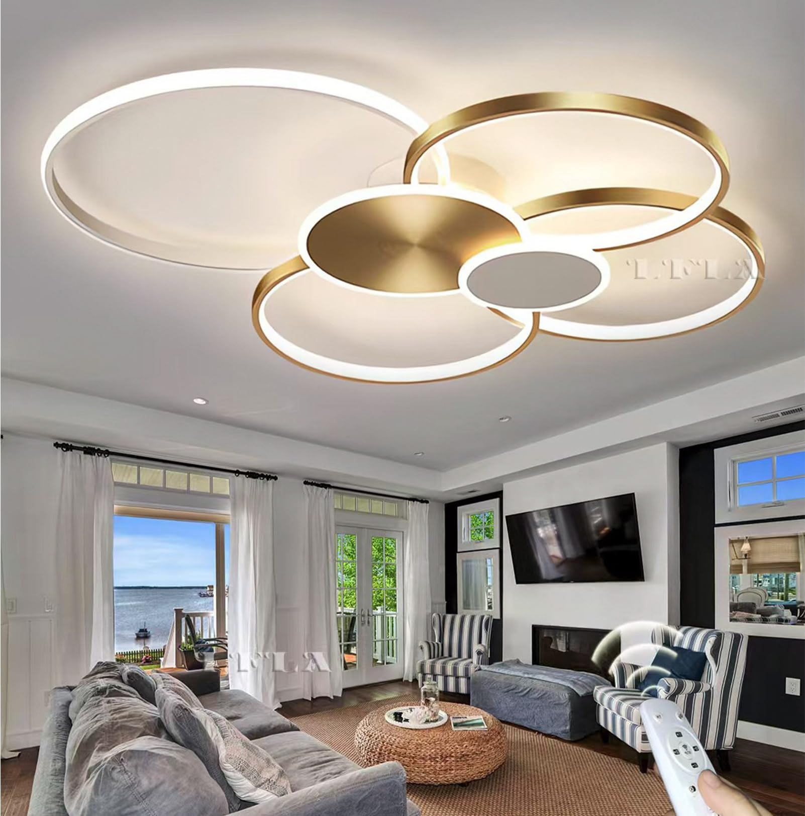 LFLA Dimmable LED Ceiling Light Modern Ceiling Lamp Living Room Lamp with Remote Control 3000K-6500K 6-Rings Design Ceiling Lighting Living Room Bedroom Office Ceiling Light (White + Gold, 100cm,93W) — image 1