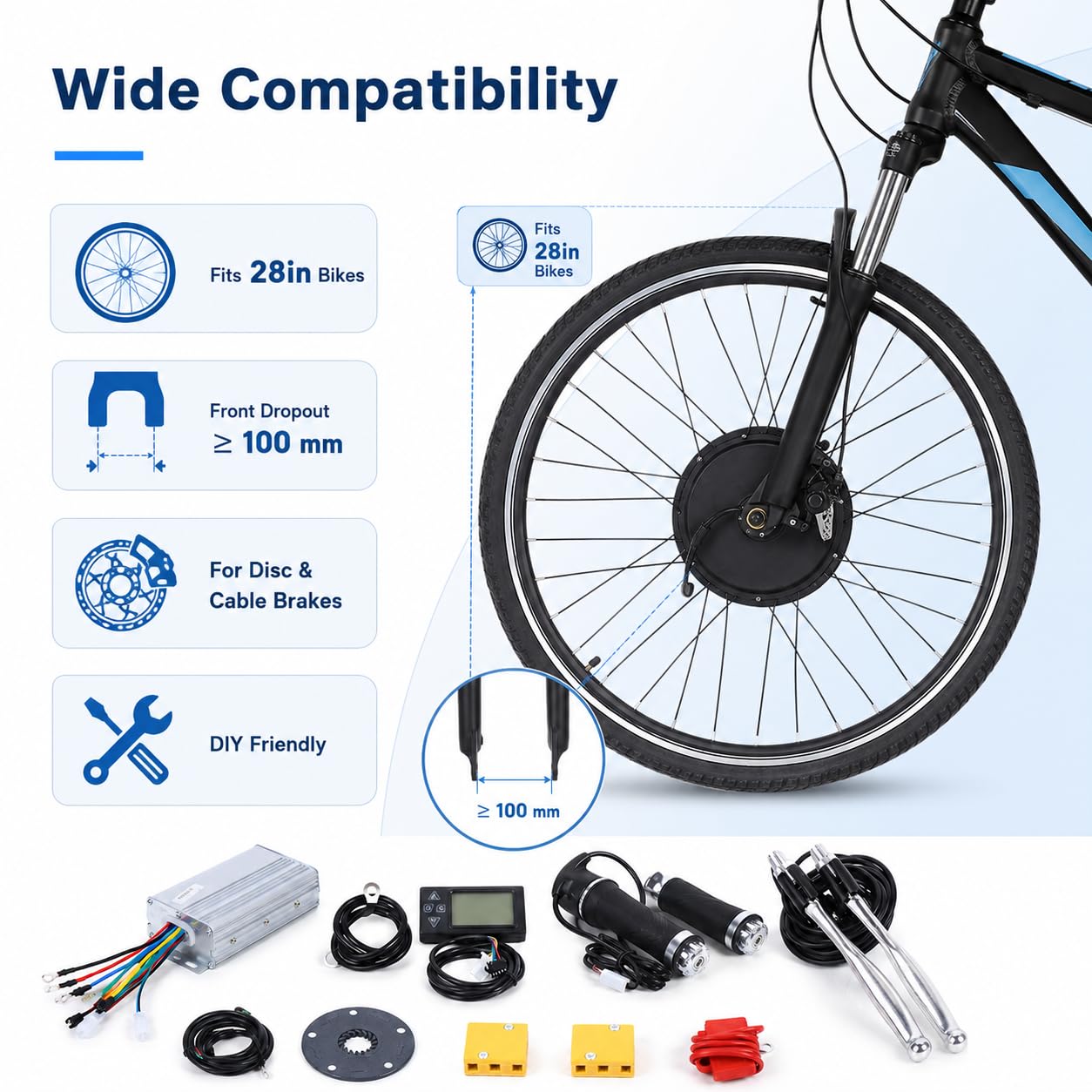 Kit Conversion Vélo Électrique 28 Pouces, Roue Avant 36V 500W avec LCD Pas | Assistance fluide à 5 niveaux, accélérateur et commandes au guidon