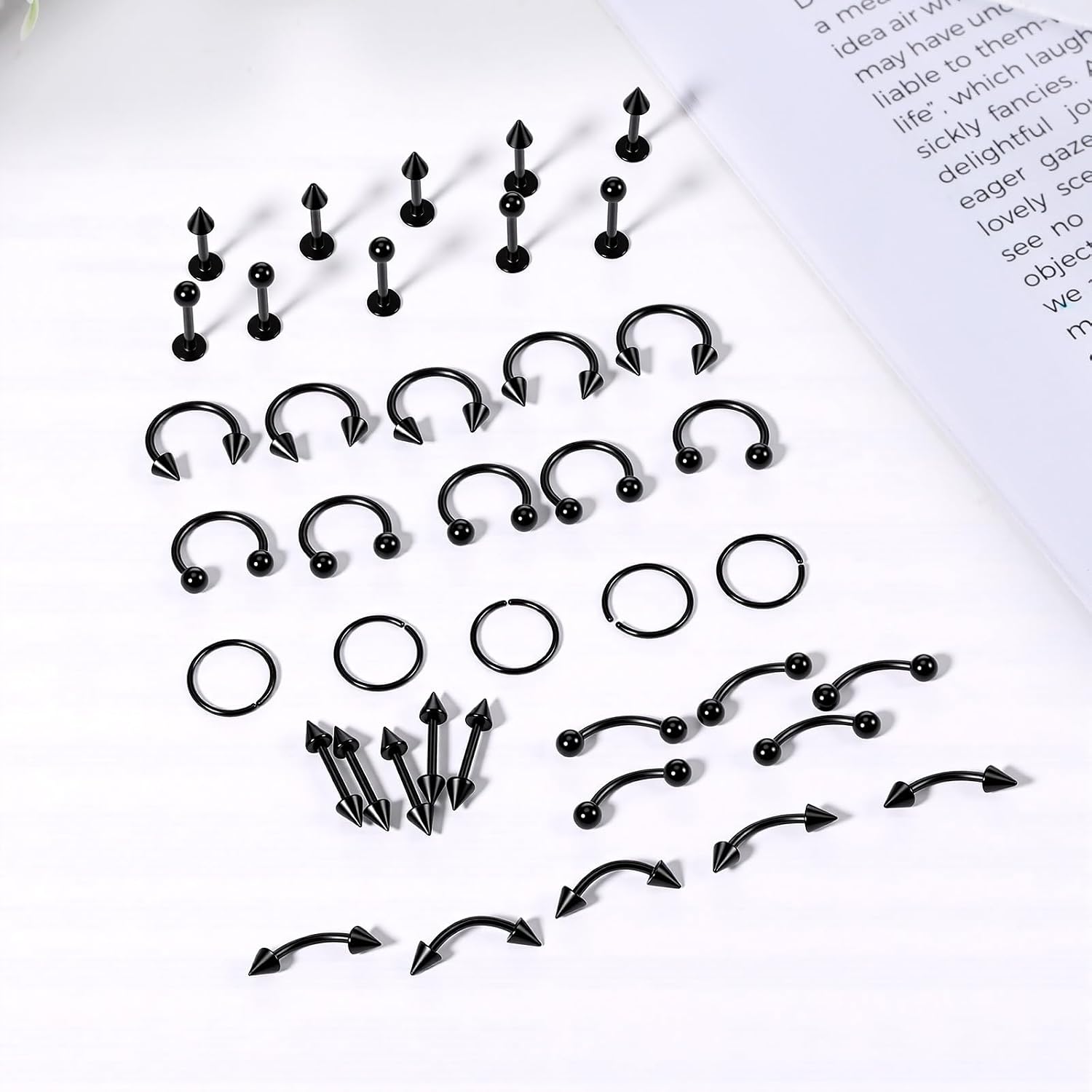 Skrfren 40 Pcs Black Piercing Jewelry Lip Horseshoe Labret Snake Bite Piercing Jewelry Eyebrow Body Jewelrys 16G Helix Earring Daith Tragus Cartilage Studs for Women Men