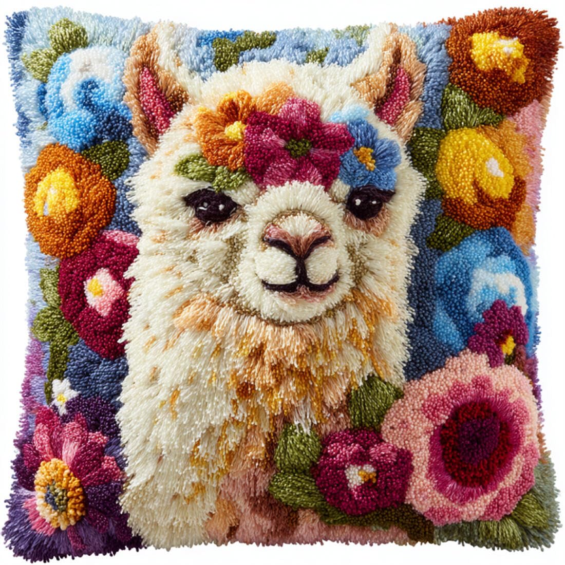 Kitquiver Animal Latch Hook Cushion Set Alpacas and Flowers Crochet Needlework Crafts with Latch Hook Tool for Adults DIY Handmade Home Cushion Kits Decor 17x17In