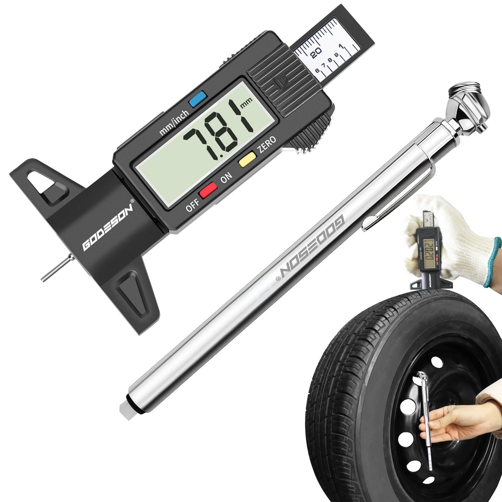 GOODESON Digitaler Reifentiefenmesser und Bleistift-Reifendruckmesser UK, 0-25,4 mm/Zoll Einheitumschaltung mit großem LCD-Display für Auto, Motorrad, Fahrrad, LKW