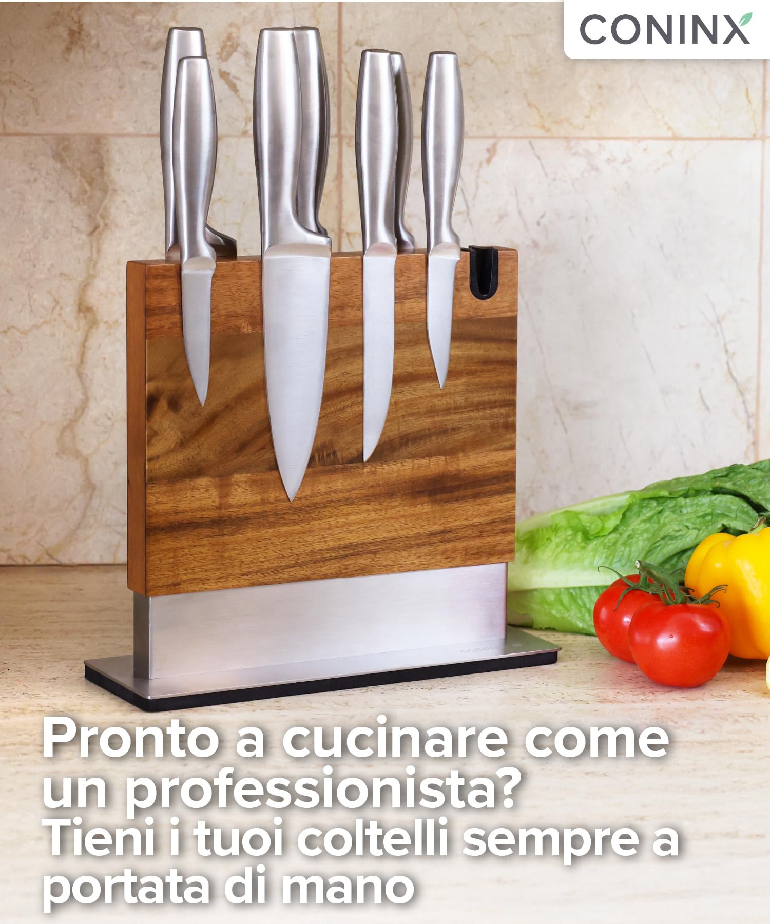 Coninx Ceppo Portacoltelli Magnetico con Affilatore Integrato – Portacoltelli in Legno di Acacia – Portacoltelli universale con Base Antiscivolo per Piano di Lavoro della Cucina