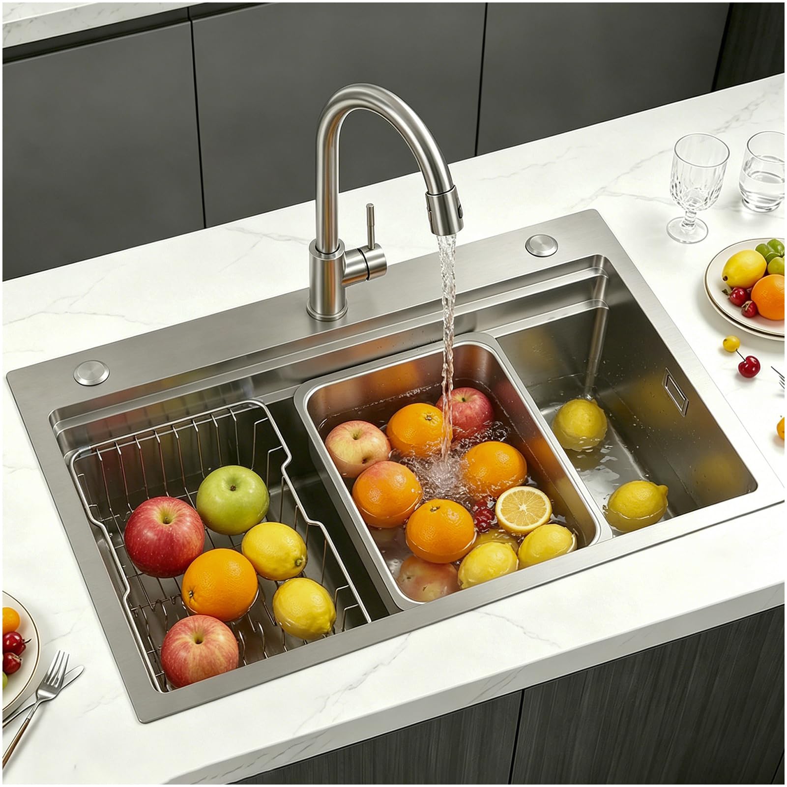 Lavello da cucina in acciaio inox 304, 85 x 50 cm, lavello da incasso, 1 vasca con sgocciolatoio, lavello multifunzione con cestello sgocciolatoio, sifone, set di scarico e troppopieno, lavello
