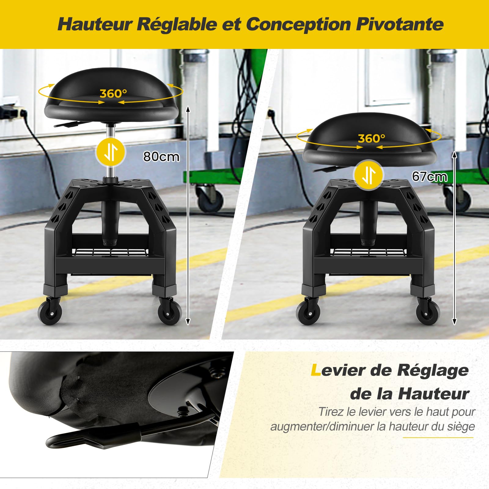GYMAX Tabouret d'Atelier à roulettes, avec Porte-Outils, Siège Réglable en Hauteur 57-70cm et Pivotant à 360°, Rembourrage d'Éponge Confortable, pour Usine, Garage, Réparation, Mécanicien (Noir)