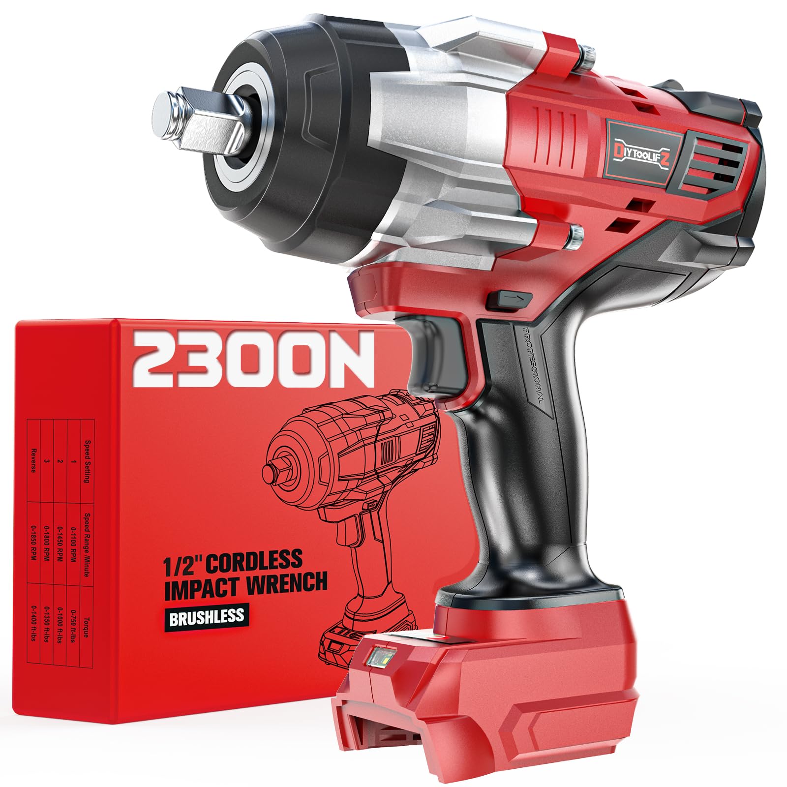 DIYtoolifz Cordless Impact Wrench 1/2 inch Compatible with Milwaukee 18v Battery, 1700 Ft-lbs High Torque Impact Driver, Electric Impact Gun with 4