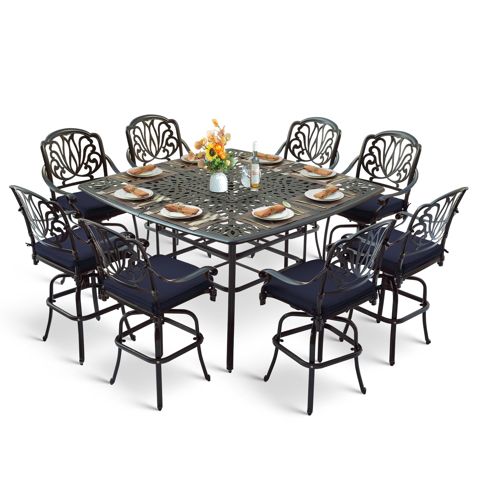 MEETWARM 9-Piece Outdoor Patio Swivel Bar Set, All Weather Cast Aluminum High Top Patio Bar Furniture with 8 Cushioned Swivel Bar Stools, Large 64" Square Patio Bar Height Table, 2.2" Umbrella Hole