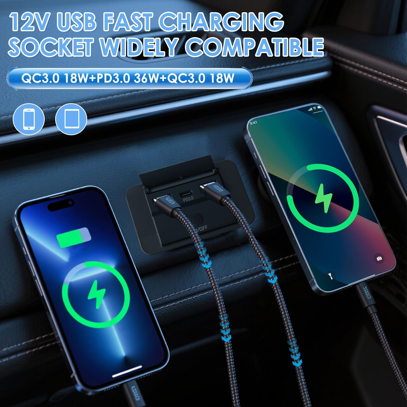 Presa USB 12V, 72W Ricarica Rapida, Dual QC3.0 e PD3.0 Ports Charging Socket Panel con pulsante ON/Off, Impermeabile per 12V -24V Caravan, Marine, Camper, Car, Autobus