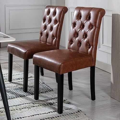 Miniatura 25 de Juego de 4 sillas de comedor de cuero PU, sillas de cocina tapizadas estilo granja, sillas de acento modernas, sillas laterales Parsons de madera