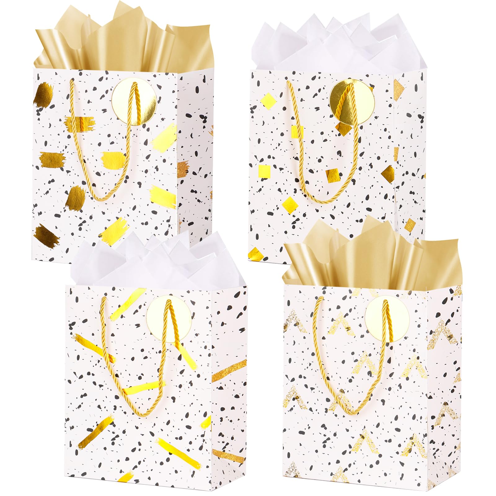 ZJHiome Medium Gift Bags, 4 Pack 9'' Gold Paper Bag with Tissue Paper Metallic Gift Bag for Graduation Birthday Anniversary Wedding Baby Shower(Gold)