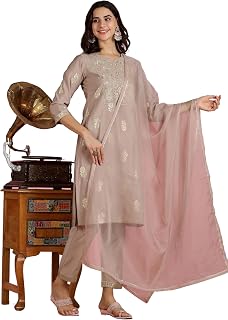 The Suitable Mocha Mousse Chanderi Silk Kurta Set for Women | Zari Resham Embroidered Yoke with Gold Foil Floral Print | C... Price In India