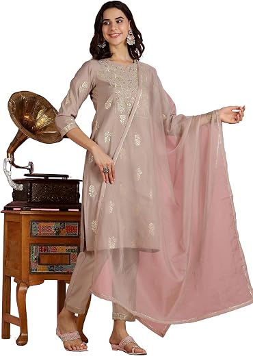 The Suitable Mocha Mousse Chanderi Silk Kurta Set for Women | Zari Resham Embroidered Yoke with Gold Foil Floral Print | C...