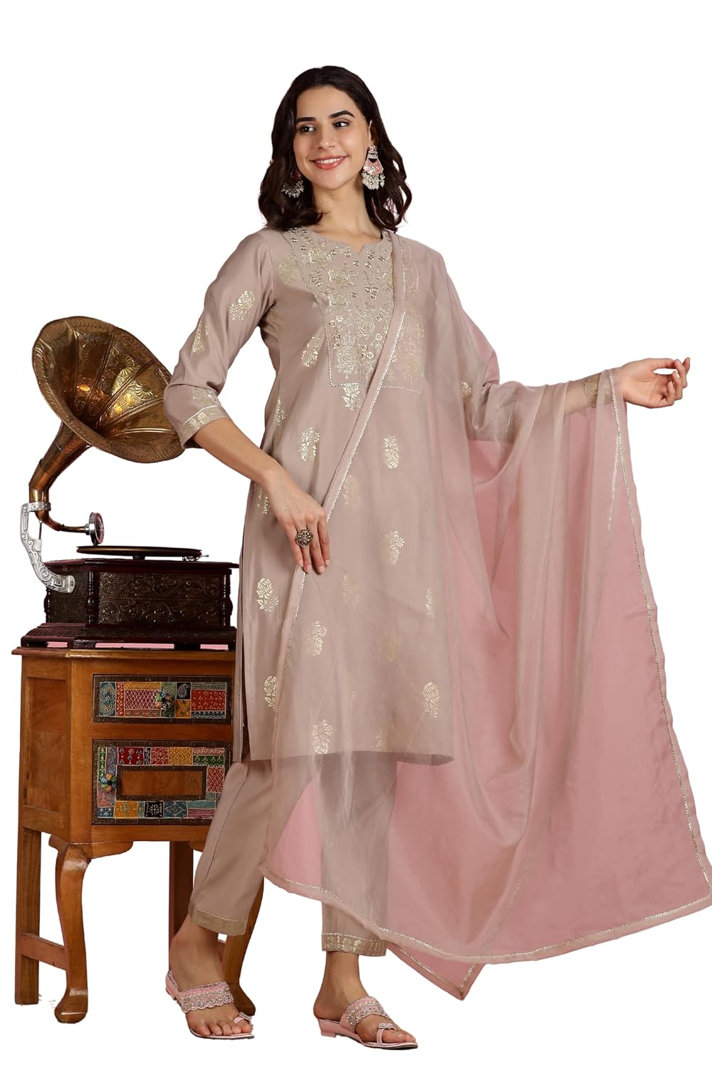 The Suitable Mocha Mousse Chanderi Silk Kurta Set for Women | Zari Resham Embroidered Yoke with Gold Foil Floral Print | C... - Review, Price and Buying Guide